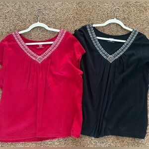 Dressbarn Cotton Embellished Tops Short Sleeve V-neck Set of 2